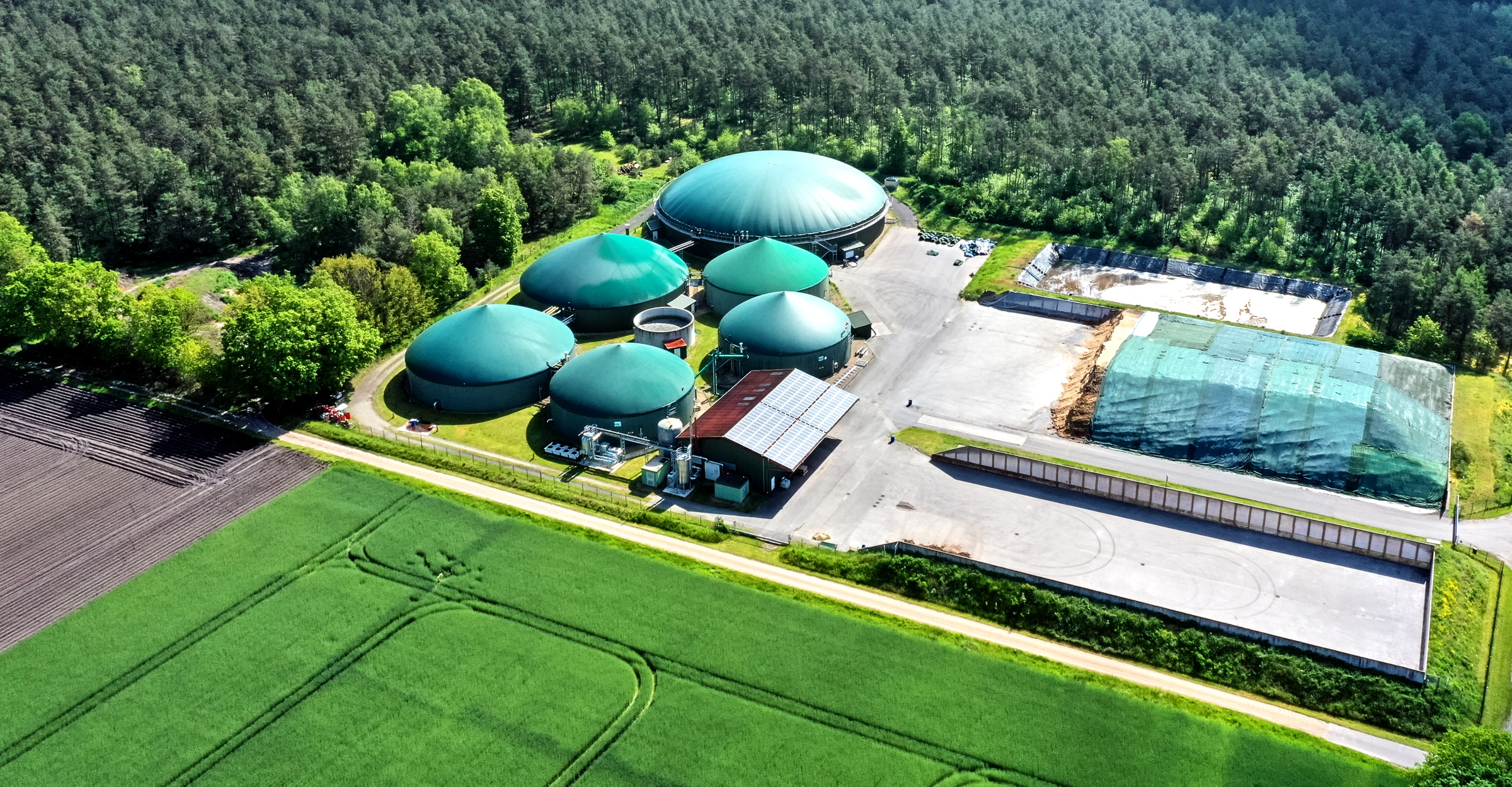 Aerial view of a biogas plant for the production of electrical energy from organic waste and agricultural residues