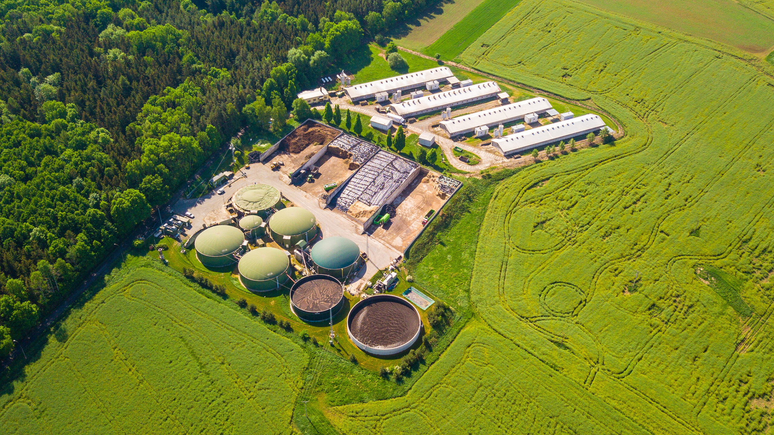 Aerial view of biogas plant near farm in countryside. Ecological renewable energy production from agricultural waste. Modern agriculture from above.
